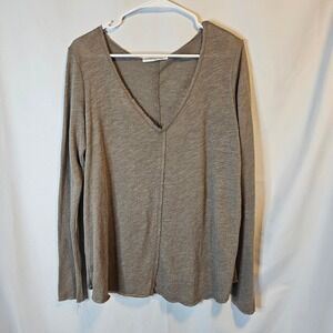 Project Social T Womens V-Neck Long Sleeve Top Taupe Brown Raw Edge Seam Small